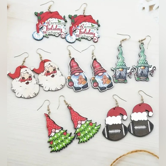 Christmas Gnome Elf Christmas Tree Earrings Wooden - Picture 2 of 3